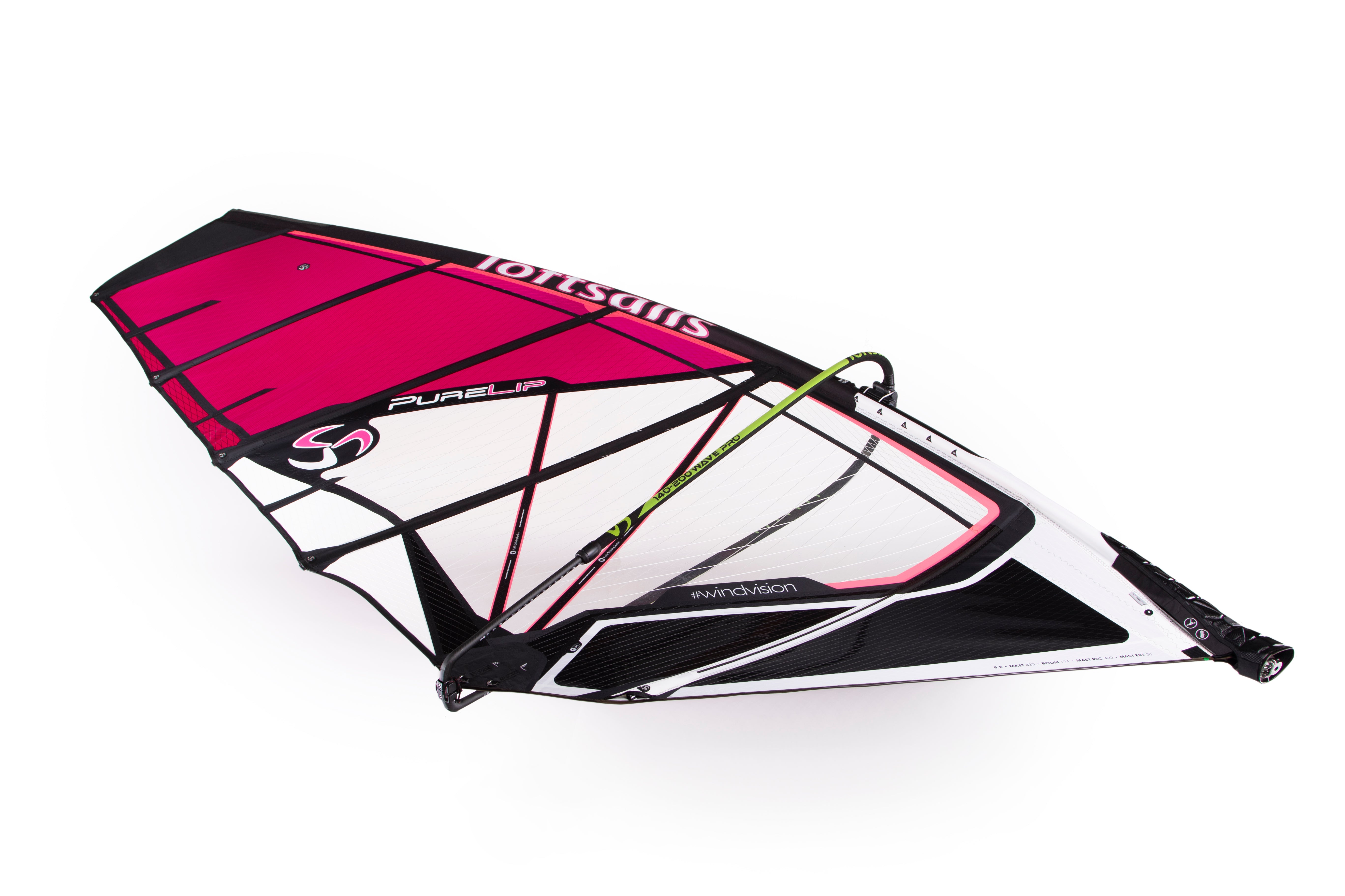 Loftsails Windsurf sail with pink and black design on a white background. with a Purelip Logo and 5 Battens