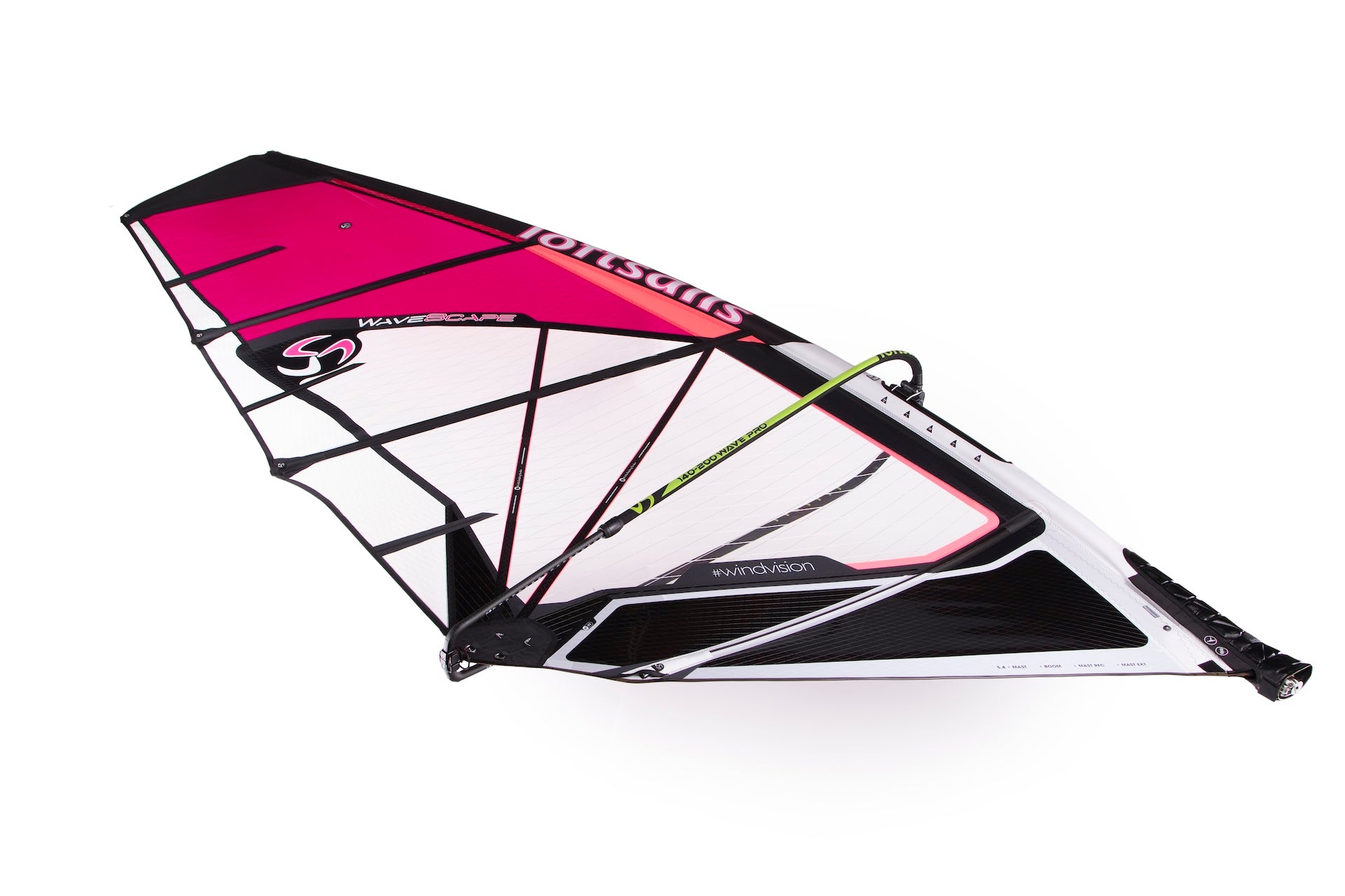 Windsurf sail with pink and black design on a white background