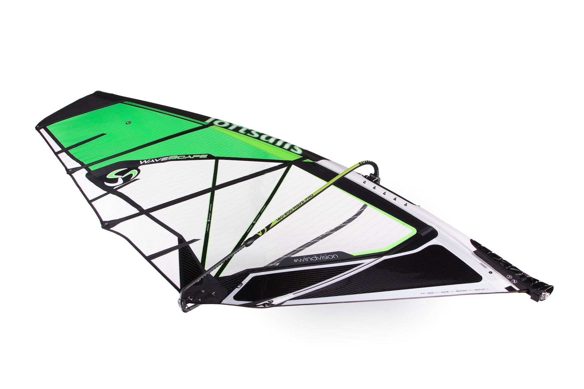 Windsurf sail with green and black design on a white background