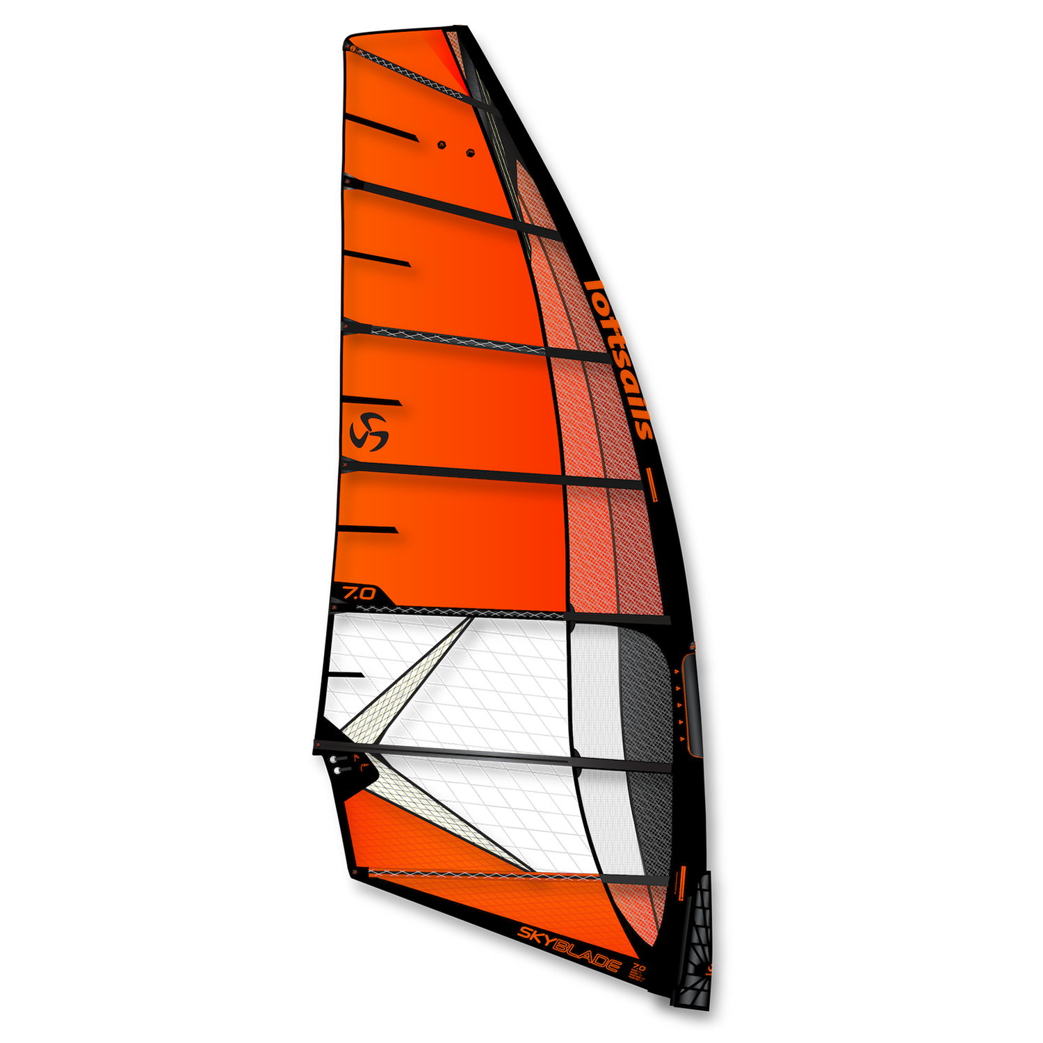 Orange and black sail with branding on a white background